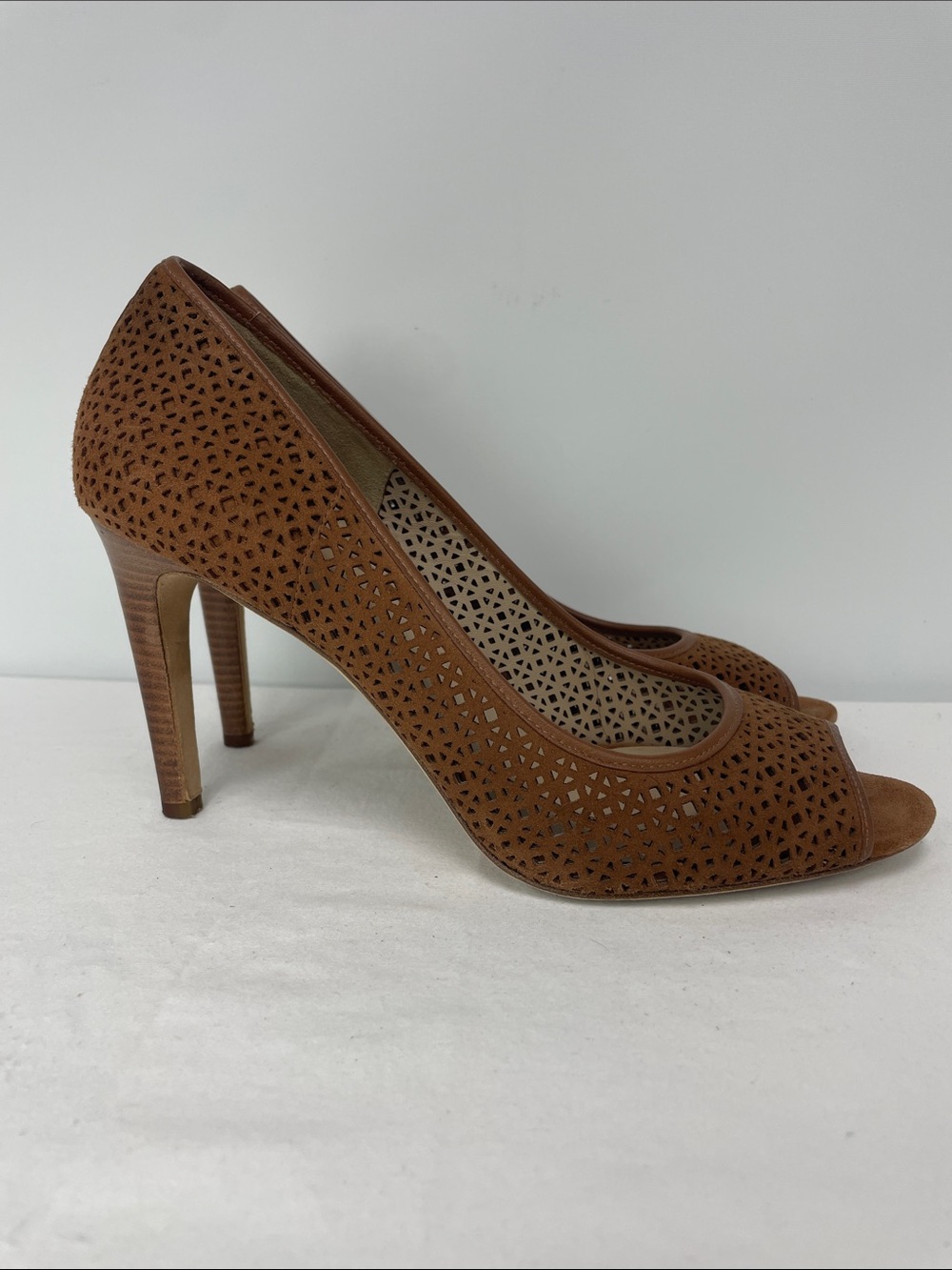 Tory Burch Tan Laser-Cut Peep-Toe Pumps, Size 8.5